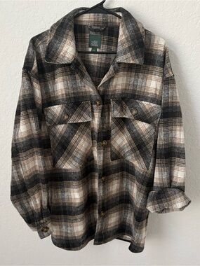 wild fable Black, Cream & Brown Plaid Button-Up Shacket, Size Large